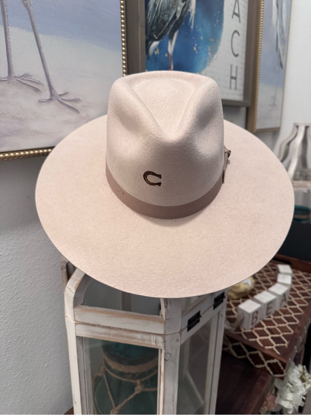 Charlie Horse Highway Wide-Brim Fedora Hat in Light Beige